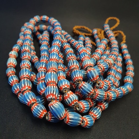 Vintage venetian african style blue glass chevron 10mmx12mm beads long strandGift