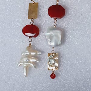 Mismatched Perlen und Karneol Ohrringe, Lange Ohrringe, Natürliche Edelstein Ohrringe, Edelstein Ohrringe, Geschenk für sie, Handgemacht.
