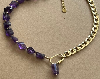 Amethyst and chain necklace, Gemstone necklace, Dainty necklace, Faceted amethyst necklace, Amethyst beads, Gift for her, Birthday gift