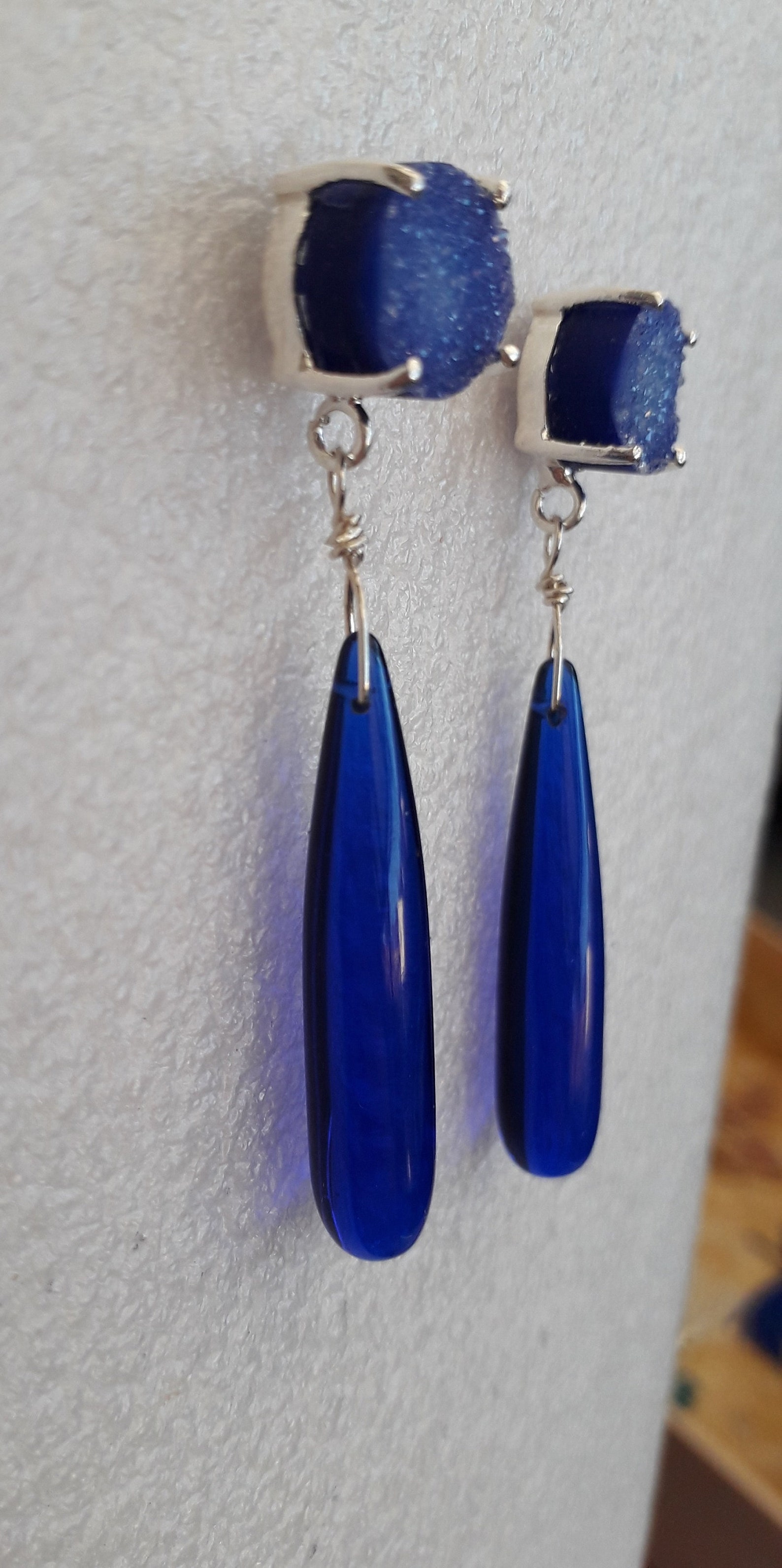 Blue Quartz Earrings, Long Blue Drop Earrings, Cobalt Blue Dangle