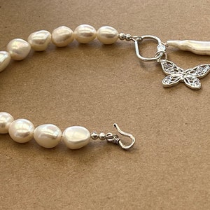 Baroque white freshwater pearl bracelet, 925 Sterling Silver pearl bracelet, Bridal elegant pearl bracelet, Butterfly pendant, Gift for her