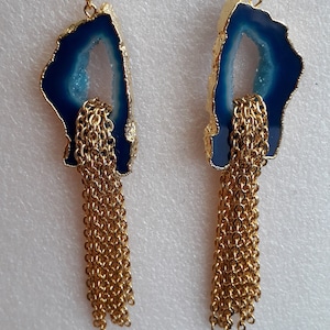 Blue Agate druzy chain earrings, Gemstone earrings, Dangle earrings, Agate slice earrings, Tassel earrings, Blue and gold earrings, Handmade