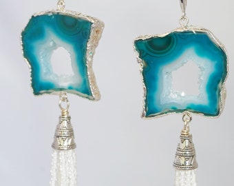 Agate druzy dangle earrings, Natural agate druzy earrings, Druzy earrings, Sterling silver earrings, Gift for her, Handmade.
