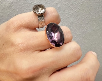 Large Amethyst Paste Ring Antique Georgian foiled back brass crimped setting 12k solid rosy gold band bague glass purple US 6.5 M