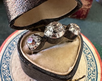 Georgian paste ring Antique black dot foiled-back 9k gold band and gold backed 3 large Diamond pastes US7 1/4 UK O size 55 trilogy