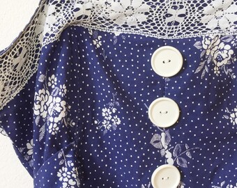 Boho dress, 1970s navy sundress with white floral print