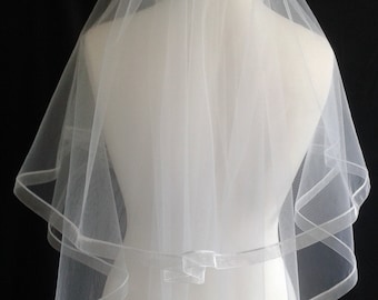 Ribbon Edge 2 Tier Veil White Plain Wedding LB Veils LBV184 UK