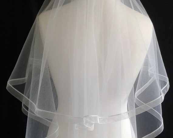 Ribbon Edge 2 Tier Veil White Plain Wedding LB Veils LBV184 UK