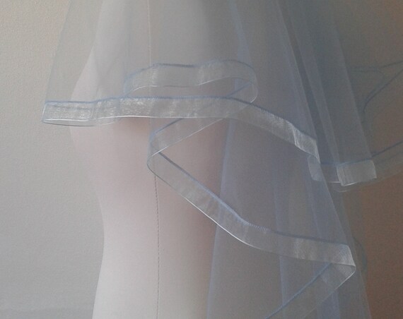 Ribbon Edge 2 Tier Veil Plain Wedding Bridal Blue Ivory Pink LB Veils LBV184 UK