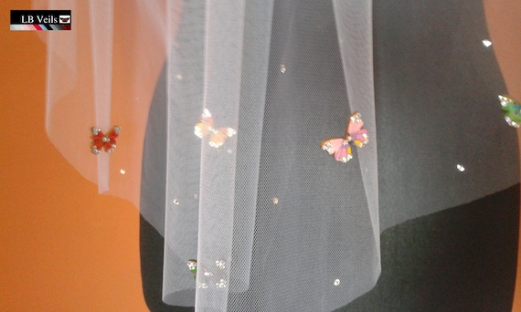 Wedding Veil Butterfly and Crystal Diamante 1 Single Tier Luxury Designer Elbow Length Handmade in UK White Ivory Cream Pink Black LBV205