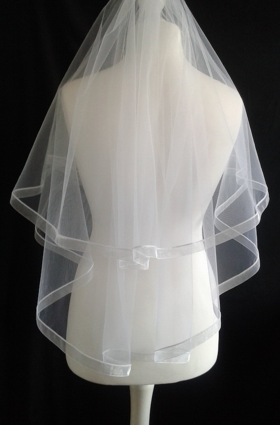 White Ribbon Edge 2 Tier White Veil Plain or Crystal Wedding LB Veils LBV184 UK