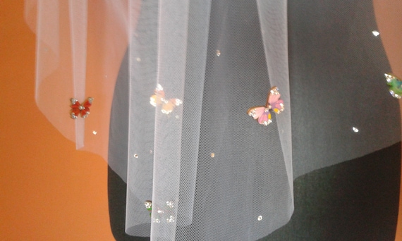 Wedding Veil Butterfly and Crystal Diamante 1 Single Tier Luxury Designer Elbow Length UK White Ivory Cream Pink Black LBV205