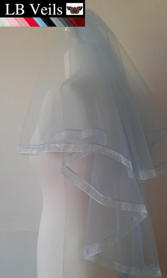 Ribbon Edge 2 Tier Veil Plain Wedding Bridal Blue Ivory Pink LB Veils LBV184 UK