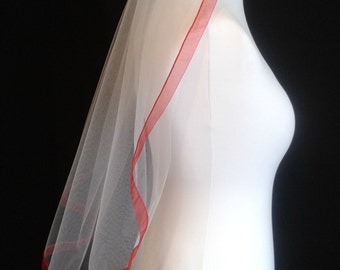 Red Ribbon Edge 1 Tier Veil Wedding  LB Veils LBV183 UK
