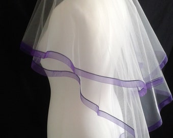 Purple Ribbon Edge 2 Tier Veil Plain Wedding Bridal LB Veils LBV184 UK