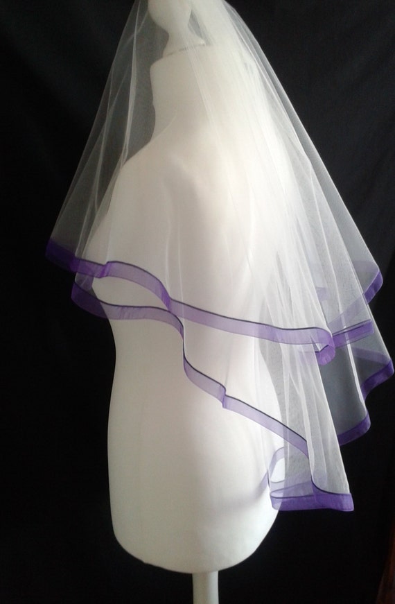 Purple Ribbon Edge 2 Tier Veil Plain Wedding Bridal LB Veils LBV184 UK