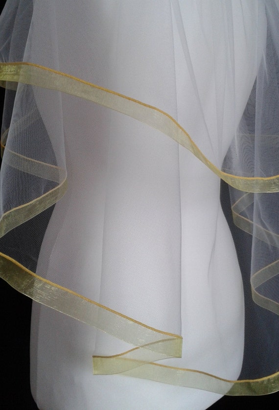 Yellow Ribbon Edge 2 Tier Veil Plain Wedding LB Veils LBV184 UK