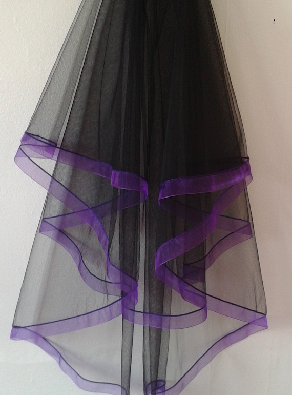 Purple Ribbon Edge 2 Tier Black Veil Plain or Crystal Wedding Bridal LB Veils LBV184 UK