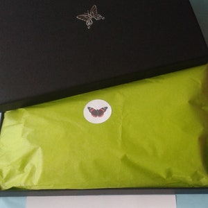 May include: A black box with a green tissue paper lining and a white card with the text "LB Veils" and "With Compliments". The card also includes the company's website, phone number, and email address. The card has a butterfly design and the text "Designer Veils by Lisa Bozman".