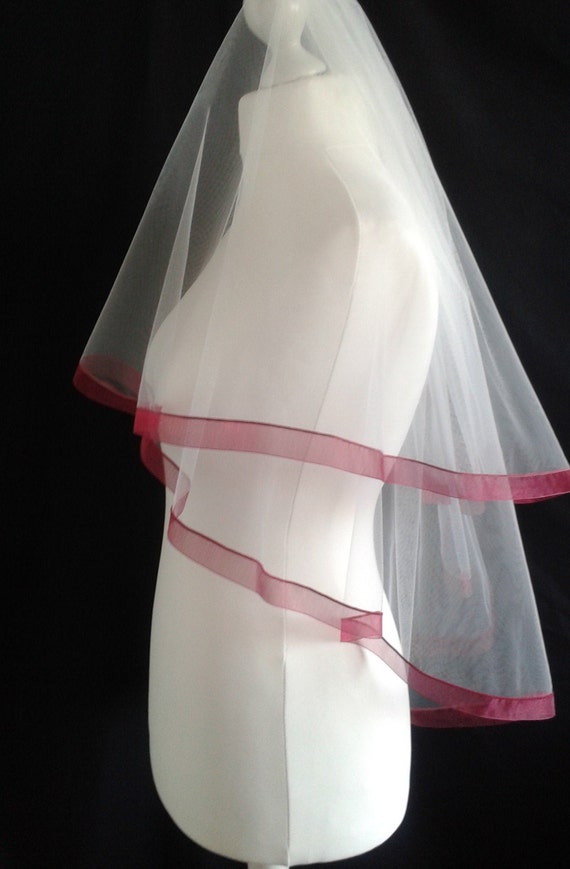 Dark Red Ribbon Edge 2 Tier Plain Wedding Veil LB Veils LBV184 UK