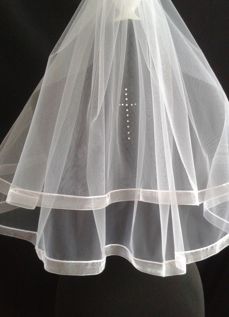 Wedding 2 Tier Ribbon Edge Length Diamante Elbow Shoulder Cross Ivory Communion White LB Veils LBV187 UK Veil Holy Crystal