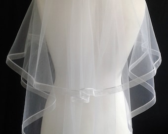 Ribbon Edge 2 Tier Veil White Plain or with Crystal Wedding LB Veils LBV184 UK