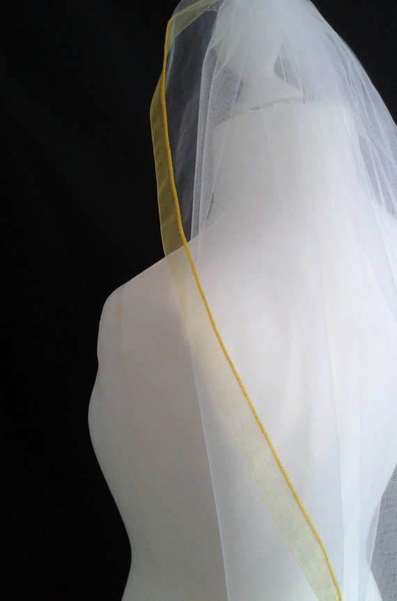 Yellow Ribbon Edge 1 Tier Veil Plain Wedding  LB Veils LBV183 UK