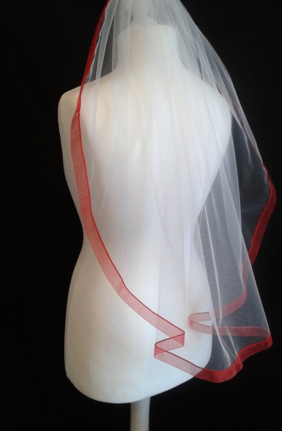 Red Ribbon Edge 1 Tier Veil Wedding  LB Veils LBV183 UK