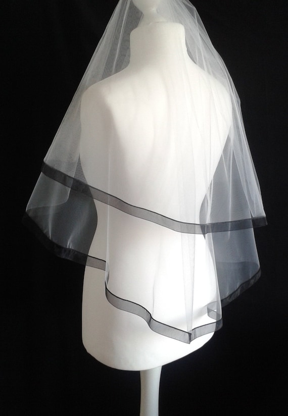 Black Ribbon Edge 2 Tier White Veil Plain or Crystal Wedding LB Veils LBV184 UK