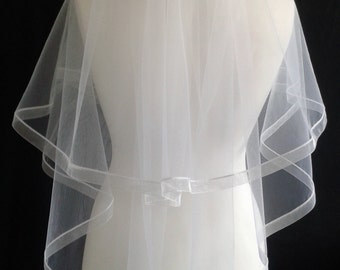 Ribbon Edge 2 Tier Veil White Plain or with Crystal Wedding LB Veils LBV184 UK