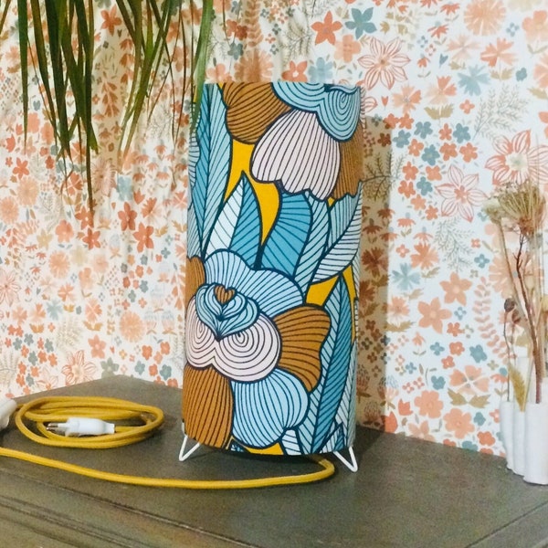 Lampe de bureau / Lampe tube / Abat jour cylindrique  / Câble textile couleur au choix / Abat-jour tissu motif fleuri graphique