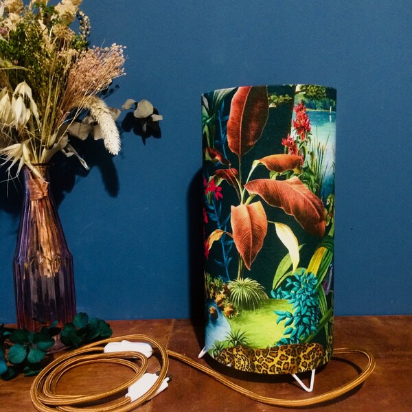 Lampe à poser / Abat-jour cylindrique haut / Câble textile couleur au choix / Abat-jour nature luxuriante