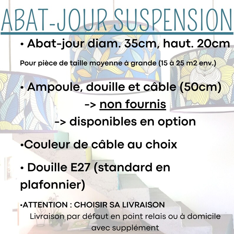 Abat-jour diam. 35cm Abat-jour réversible pour suspension ou lampe Abat-jour cylindre tissu jungle bleu et jaune image 3