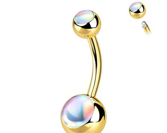 Gold Illuminating Opal Stone Belly Bar - Double Iridescent Stone 316L Surgical Steel Belly Button Ring