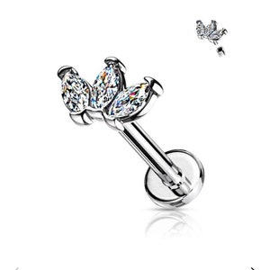 16 Gauge Flat Back Crystal Marquise Flower Cartilage / Tragus Barbell Stud