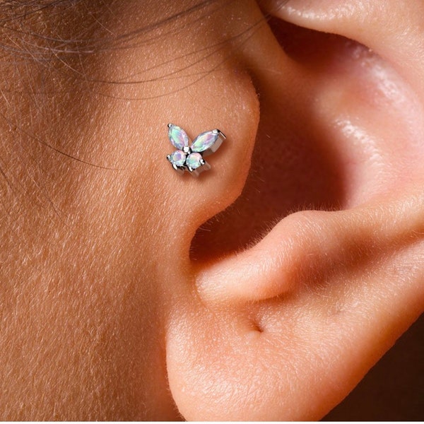 Internally Threaded Flat Back Crystal Butterfly Stud gold silver rose gold ear jewellery