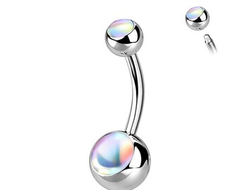 Silver Illuminating Opal Stone Belly Bar - Double Iridescent Stone 316L Surgical Steel Belly Button Ring