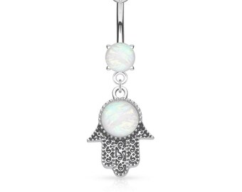 Colgante silver Opal Hamsa Hand Belly Bar / charm belly bar /