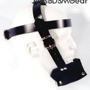 May include: Black leather head harness with a metal ring at the top and a black leather muzzle attached to the bottom. The harness has a buckle on the side.