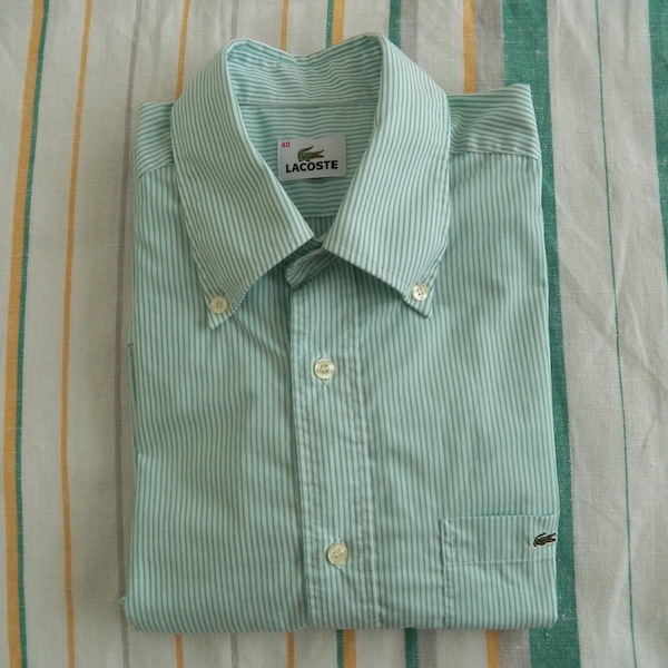 Vintage Lacoste MENS SHIRT Size M - L 40 buttondown short sleeve green white stripe cotton Medium Large