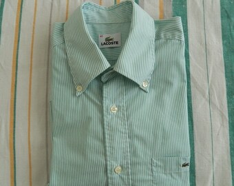 Vintage Lacoste MENS SHIRT Size M - L 40 buttondown short sleeve green white stripe cotton Medium Large