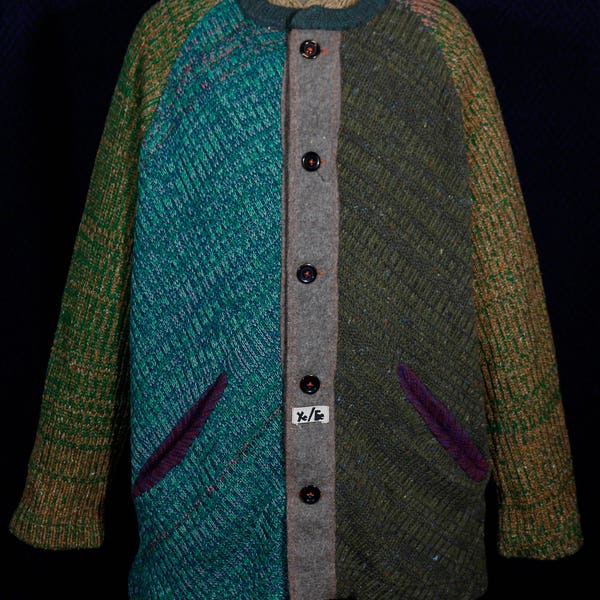 Mens Handmade Long Jersey Sweater Jacket Cardigan XL XXL Multicolored Wool Blend Knitted Boho Punk Ethnic "Grunge is dead" Made in Ukraine