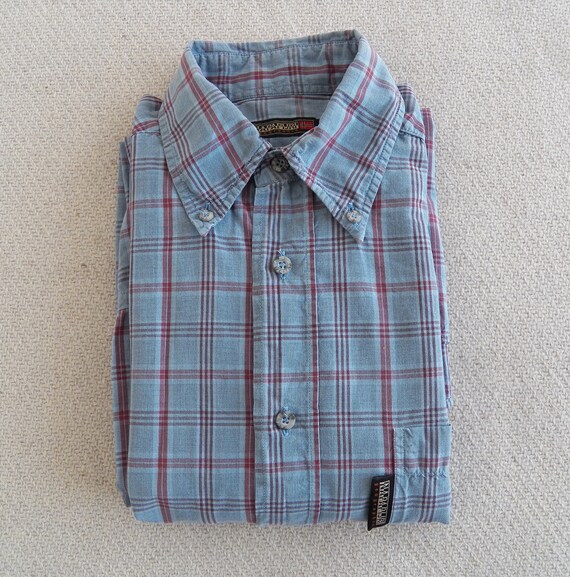 Napapijri, Vintage Napapijri Mens Casual Shirt Size S SMALL Washed Blue Red Check Plaid Cotton Long Sleeve Made in Romania