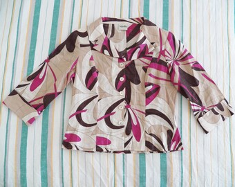 Vintage Viyella Womens Blouse UK10 US8 EU36 3/4 Sleeve Linen Geometric Beige Raspberry Brown Abstract Ladies Blouse Shirt