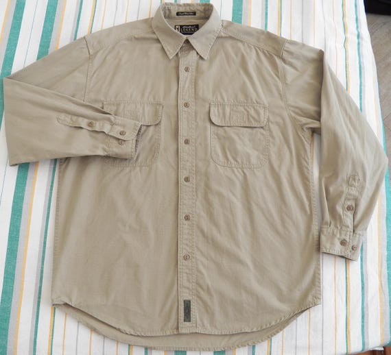 Eddie Bauer Legend Omak Work Shirt Mens Size M tan ripstop weave cotton long sleeve