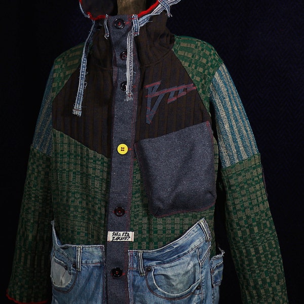 Mens Handmade Patchwork Hooded Jacket Size XL 2XL XXL Denim Cotton Linen Melange Boho Anarchist Freak Grunge Made in Ukraine