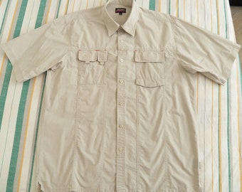 Vintage Musto Performance Mens Work Shirt XL XLARGE sand khaki cotton short sleeve 90s 00s Y2K