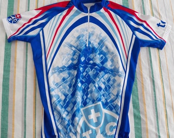 Vintage TCS Swiss Cycling Jersey Shirt Mens Size XXS 2XS Blue White Made in Italy Bicycle Short Sleeve Top