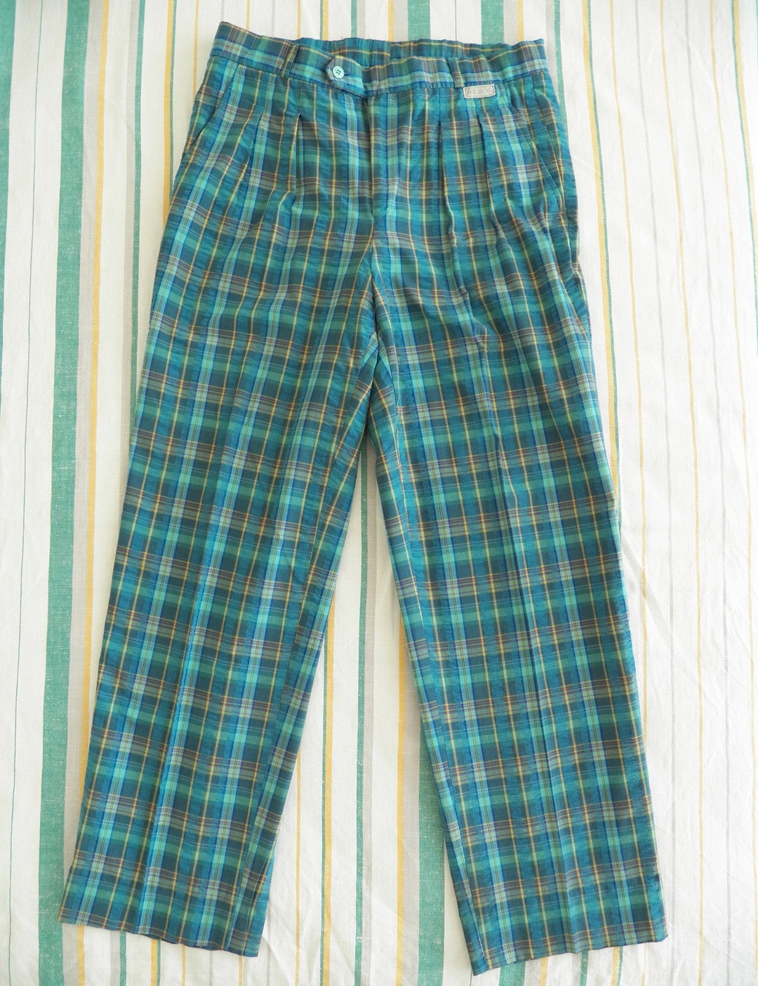 Vintage Adidas MENS Pleated Pants Turquoise Plaid Check Cotton Size 34 Made in France Golf Trousers Ventex 80s 90s Pleated Chinos Etsy