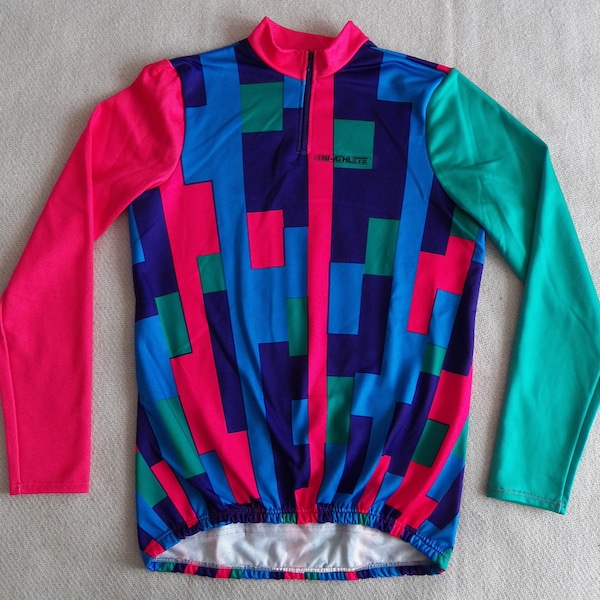 Vintage 90s Solasport Tri-Athlete Cycling Jersey Shirt Size L Long Sleeve Multicolored Geometrical Colorblock Thermal Made in Switzerland